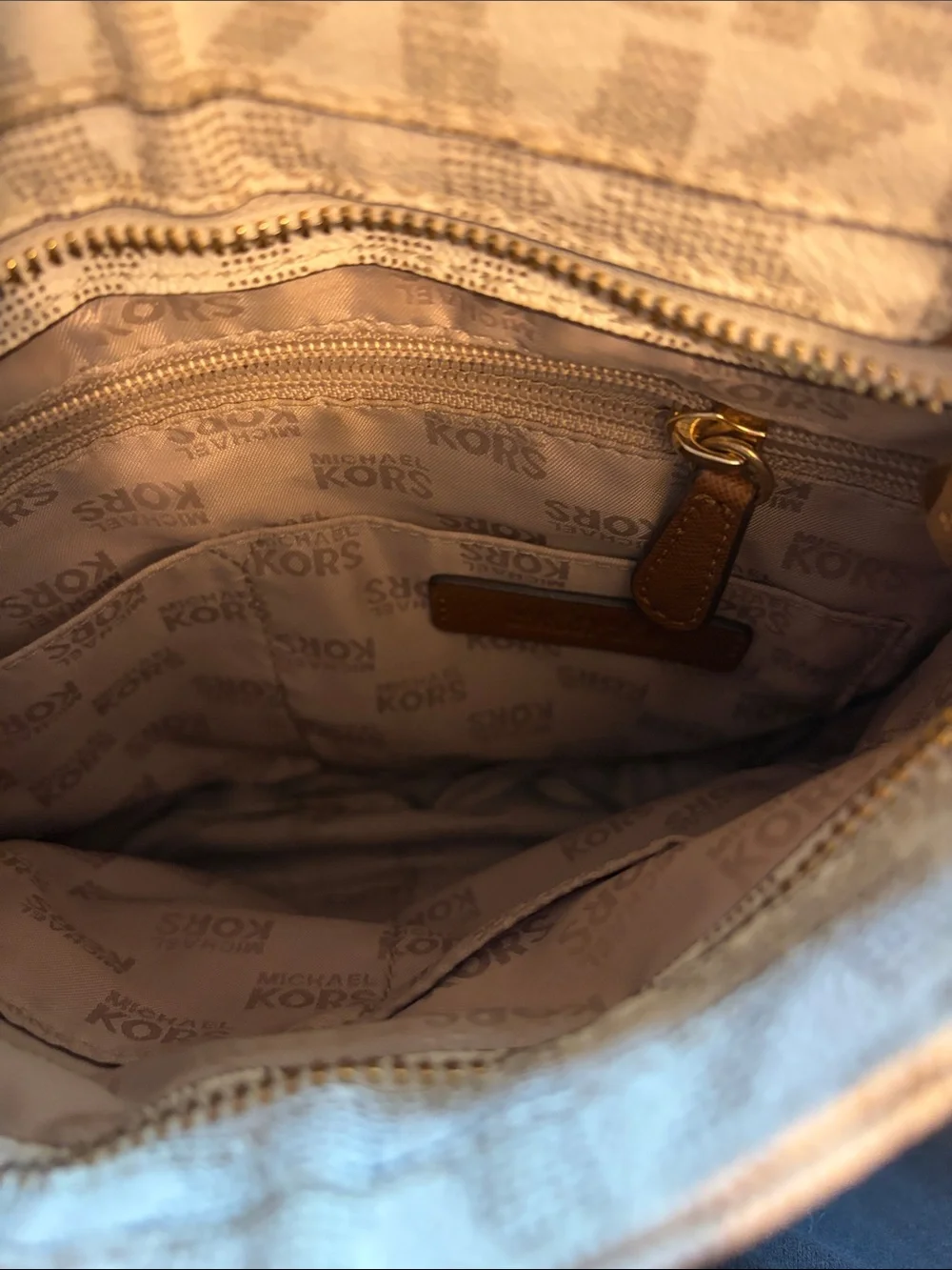 Michael Kors Beige MK Signature Crossbody with Brown Trim